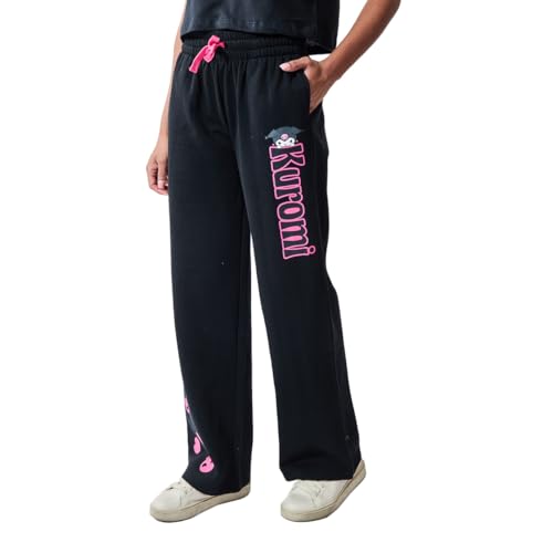 Bioworld Kuromi Pink Skulls Women's Black Straight Leg Tie-Front Sweatpant Jogger