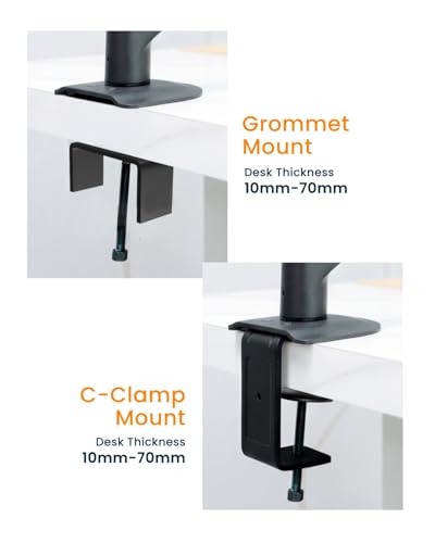 Image of Gas Spring Single Monitor Arm Desk Mount for 13-32 Inch LED /LCD Screens, Fully Adjustable Heavy Duty Monitor Stand, VESA 75x75 100x100, C-Clamp and Grommet Base, Made in India, 2-Year Warranty