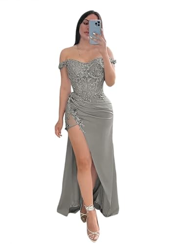 Off Shoulder Satin Prom Dresses Long with Slit 2024 Lace Applique Mermaid Formal Evening Party Gowns LS06