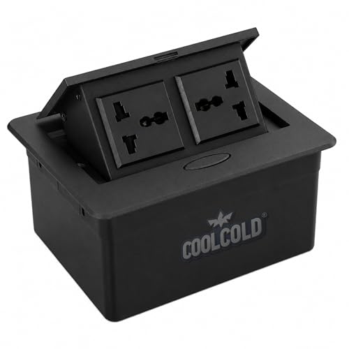 Image of COOLCOLD Hydraulic Cable Cubby Pop Up, with 2 Power Socket, Cable Manager Electrical Box | Flip-Top Hidden Desk Module for Office, Home & Conference Table | Space-Saving Flush Mount Design