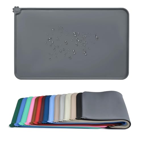 Image of Silicone Waterproof Dog Cat Pet Feeding Mats, Anti Slip Pet Bowl Mats, FDA Grade Pet Feeding Mat Silicone Waterproof Pet Food Mat 19 * 12 Inch Pet Feeding Mat - Grey