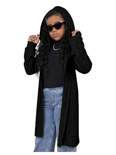 OYOANGLE Girl's Ribbed Long Hooded Cardigan Loose Open Front Long Sleeve Knit Outwear
