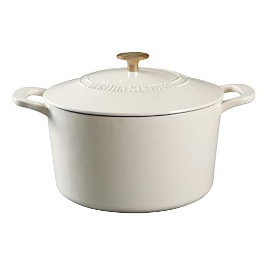 MARTHA STEWART Gatwick 7-Quart Enamel Cast Iron Dutch Oven – Linen White With Gold – Heavy-Duty Dutch Oven for Slow Cooking, Braising & Baking