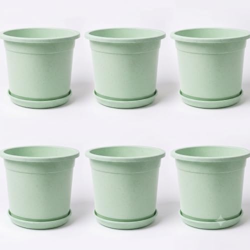 Image of 12 Inch Glossy Plastic Planter with Bottom Plate | Heavy Duty Flower Pot with Tray for Indoor Home Decor, Balcony, Living Room & Outdoor Garden (6 Pot, Mint Sparkle)