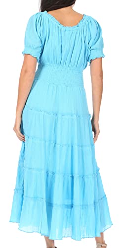 Image of Sakkas Cotton Crepe Smocked Peasant Gypsy Boho Renaissance Mid Length Dress