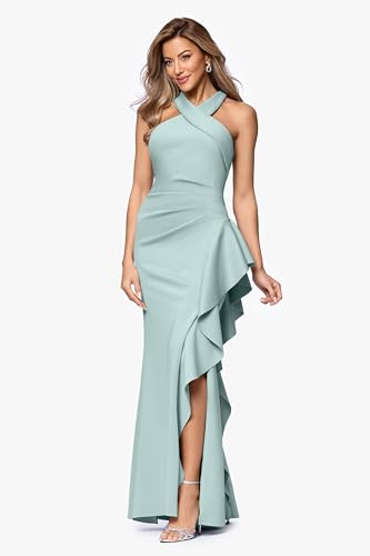 Image of Xscape Evenings Women's Long, Bodycon Low-Sheen Cross Front Halter Neck Evening Dress with Ruching & Ruffle Detail