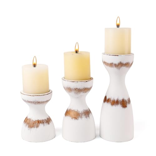 Set of 3 Farmhouse Wooden Candle Holders for Pillar Candles, White Distresse Rustic Wood Pillar Candle Stands with Hemp Rope Bow Table Centerpiece Decor for Fireplace, Living, and Dining Room by OKSQW - Used condition - US$21.03