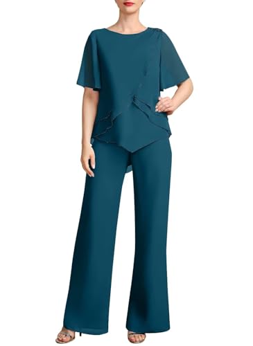 Women's 2 Pieces Separates Jumpsuit/Pantsuit Scoop Chiffon Outfits Mother of the Bride Dress With Beading