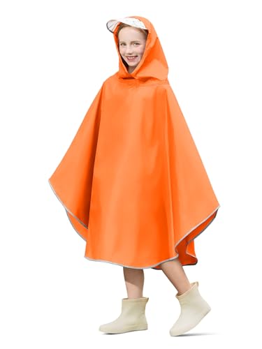 Image of Haloumoning Kids Hooded Rain Poncho Girls Waterproof Lightweight Reusable Raincoat Jacket 4-14 Years