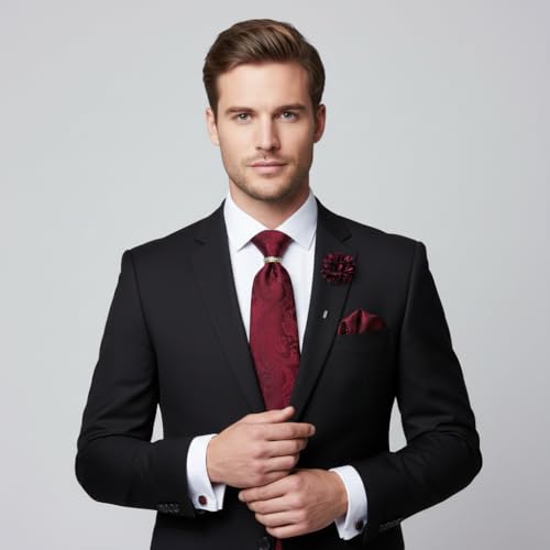 Image of 5PCS Tie and Pocket Square for Men, Silk Necktie and Handkerchief Cufflinks with Gold Ring and Lapel Pin Set