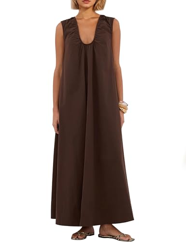 Women Flowy Maxi Dress Ruched Sleeveless Long Dress Vacation Fashion Summer Casual Loose Fit Sundress with Pockets