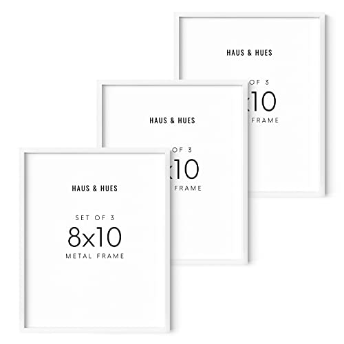 HAUS AND HUES 8 By 10 Picture Frames - 8x10 Picture Frame Set of 3, Frame For Three 8x10 Frames White Frames Gallery Wall, 8 x 10 Frames White, 3 Photo Picture Frame Metallic, (White Aluminum Frames)