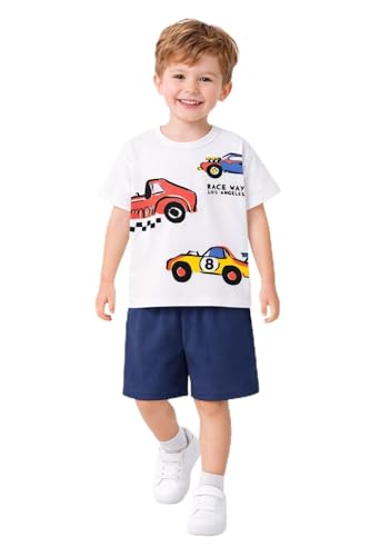 Image of HILEELANG Toddler Boy Summer Outfit Set 2 Piece Short Sleeve T Shirt and Short Soft Breathable Cotton Clothing Sets 2-7T