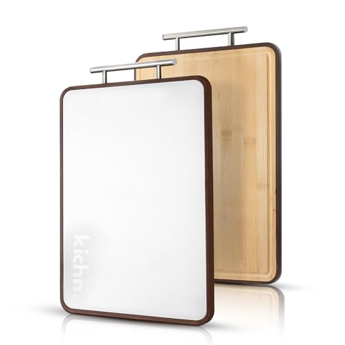 304 Stainless Steel Cutting Board, Bamboo Cutting Board, Double Sided Chopping Board for Meat & Vegetables, Non-Slip, Easy to Clean, Food Grade, Non Toxic, 15