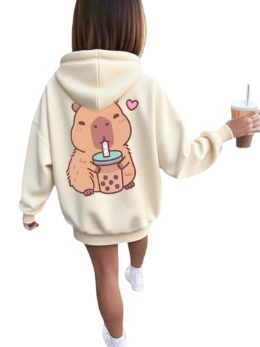 RoseSeek Girls Animal Graphic Hoodie Long Sleeve Pullover Oversize Sweatshirt Cute Tops Apricot 12Y