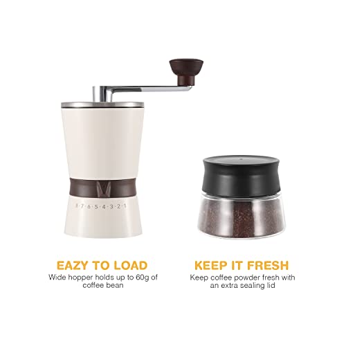 Foto von Vucchini Manuelle Kaffeemühle mit Extern Einstellbarer Grobheit,8 Stufen,Milchweiß,Konisch,Keramikmahlwerk,Tragbare Mühle Für das Heimbüro und Unterwegs