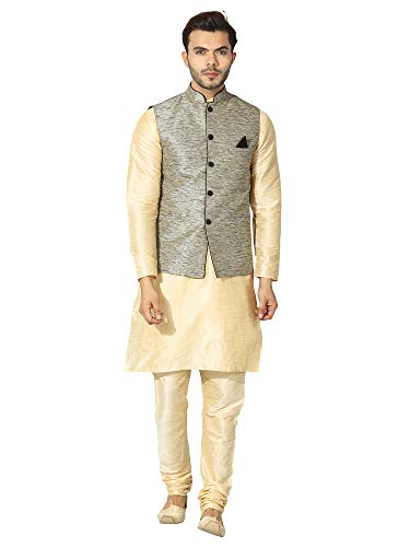 Image of Uri and MacKenzie Men's Silk Blend Regular Kurta Churidar Pyjama with Bundi Nehru Jacket /Waistcoat