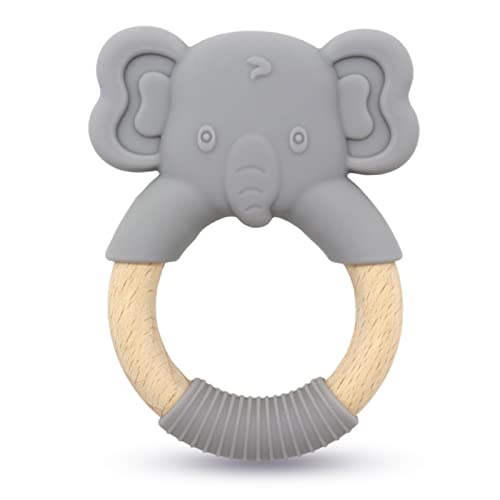 Image of Animal Shape Baby Teething Toys, Teething Toys for Babies 12+ Months, Natural Wooden Teething Ring, Food-Grade Silicone, for Baby Teething Relief & Sensory Exploration, Easy to Grip (Elephant)