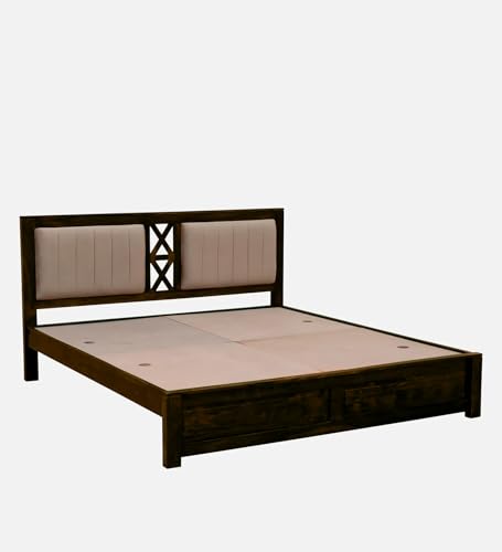 Image of EXCEL International Solid Sheesham Wood Queen Size Bed Without Storage | Wooden Double Bed & Upholstered Cushined Headboard for Bedroom | Rosewood, Provincial Teak Finish