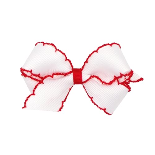 Wee Ones Girls' Classic Grosgrain Moonstitch Edge Hair Bow, No-Slip Hair Clip, Handmade, White with Red, Mini
