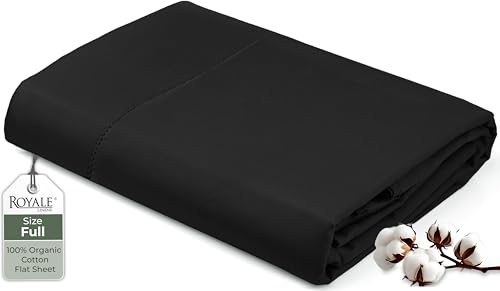 Image of Royale Linens 100% Organic Cotton Full Flat Sheet Only - Super Soft - Percale Top Sheets - Full Flat Sheet Sold Separately - Breathable, Cool & Crisp Black Sheets Only (81 inch x 96 inch, Black)