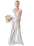 Women's Bridesmaid Dress Long Ruffle V Neck Pleated Chiffon Formal Gowns and Evening Dresses Ivory 4