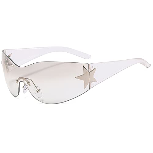 Image of Y2K Sunglasses for Women Men, 2000s Fashion Shield Wrap Around Y2K Glasses Rimless Oversized One Piece Lenses