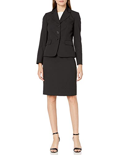 Le Suit Women's 3 Button Notch Collar Diamond Jacquard Skirt Suit, Black, 18