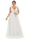 Ever-Pretty Plus Women's Elegant Deep V Neck Sleeveless Lace Sheer A-Line Plus Size Bridal Gowns with Train White US20