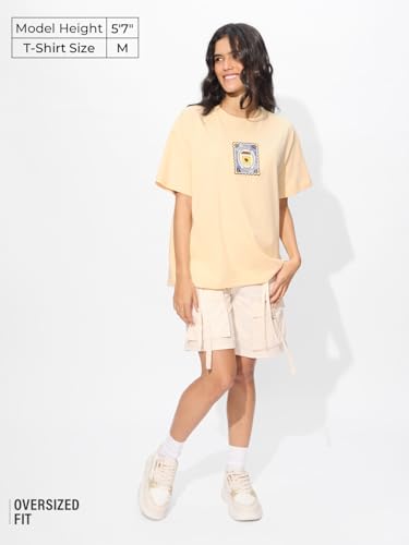 Image of The Souled Store Coffee Stamp Women and Girls Short Sleeves Round Neck Applique Patch Cotton Oversized T-Shirts