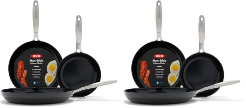 Image of OXO Enhanced, 8 inch 10 inch and 12 inch 3 Piece Frying Pan Skillet Set, Healthy Ceramic Nonstick, PFAS-Free, Stainless Steel Handle, Dishwasher Safe, Oven Safe, Black (Pack of 2)