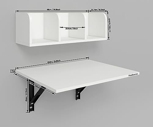Image of Madhuran Eraadan Engineered Wood Wall Mounted Folding Study Laptop Table with Storage Shelves Shelf Racks (White) Living Room Office Workstation Multipurpose Furniture Accessories