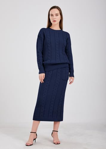 Image of chouyatou Women Winter Casual Chunky Cable Knit Long Pencil Skirt 2 Piece Outfit Oversized Pullover Sweater Sets