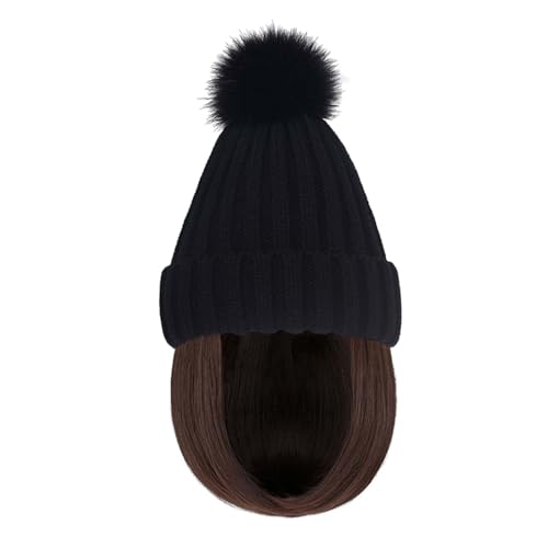 WUODHTW Women Caps with Hair Knit Beanie Cap with Extensions Short Straight Hairstyle Hat Wigs Winter Knitted hat bob Wig
