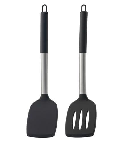 Spatula, 2 Pcs Heat Resistant Non-Stick Silicone Spatulas for Cooking, Non Stick Seamless Fish Slice, Kitchen Utensils Ideal for Fish, Eggs, Pancakes (Black)