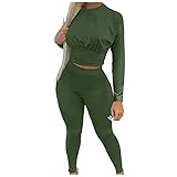 Ansenesna Damen Jogginganzug Bauchfrei Eng Elegant Hausanzug Frauen Crop Zweiteilig Einfarbig Trainingsanzug 2 Teilig Sportanzug Anzug Bekleidungsset Langarm Oberteile und Hose (Armee grün,S)