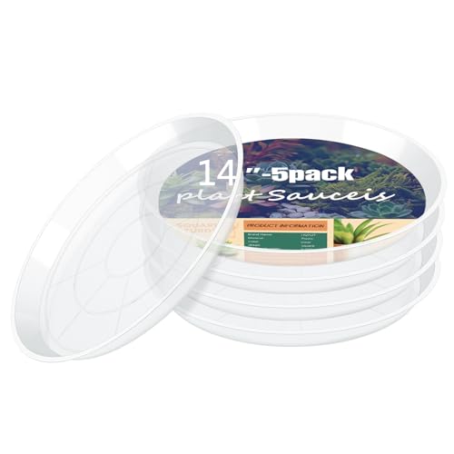 HQAUT 4 6 8 10 12 14 16 18 20 22 Inch Clear Plant Saucer 5 Pack Durable Plastic Water Catcher Trays for Flower Pots Plant Drip Trays for Indoor Outdoor Planter(14inch)
