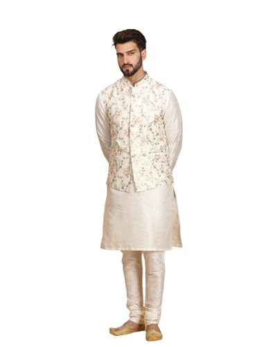 Image of Ethluxis Men Silk Blend Kurta Jacket Set with Mandarin Collar