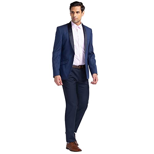 Image of Raymond Men's Contemporary Fit Polyviscose Blend Shawl Collar Na Pattern Full Sleeve Dark Blue Ceremonial Suit
