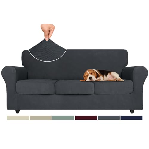 ZNSAYOTX Super Stretch Sofa Slipcovers 4 Piece, Newest Striped Couch Covers for 3 Cushion Sofa, Dog Cat Pets Proof Universal Soft Couch Protector Washable Durable Anti Slip (71″-91″, Dark Grey)