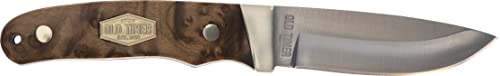 Old Timer PHW Pro Hunter 8in High Carbon S.S. Full Tang Fixed Blade Knife with 3.6in Drop Point, Desert Iron Wood Handle, Full Tang Construction, and Leather Sheath for Hunting, Camping, and Outdoors