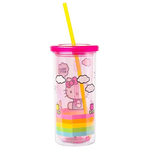 Image of Silver Buffalo Sanrio Hello Kitty Spring and Summer Flowers Rainbow Stripes Plastic Cold Cup with Lid and Straw, 20 Ounces | Flowers Rainbow Stripes, Includes Lid and Straw, 0.59 Liters