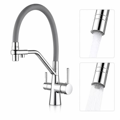 VANOXA Grifo de Cocina 3 Vías para Ósmosis, 2 Modos de Agua, Cromado