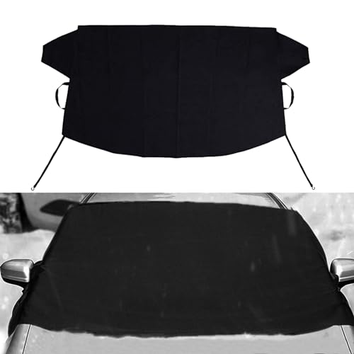 Image of 1 PC Car Front Windshield Winter Snow Cover with Rear View Mirror Protective Covers, 6.2Ft x 3.5Ft PVC Waterproof Protective Accessories with Bundle Strip, Universal Vehicle Cover (Black)