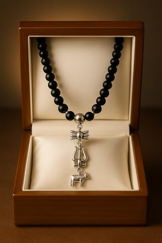 Image of Mahadev Trishul & Nandi Pendant Necklace for Men | Silver Shiv Pendant with Black Beads Mala | Spiritual Rudra Necklace for Daily Wear, Devotional Jewelry & Gift