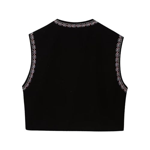 Image of Women Vintage Floral Embroidered Vest Y2K Sleeveless Open Front Cardigan Boho Linen Cropped Waistcoat