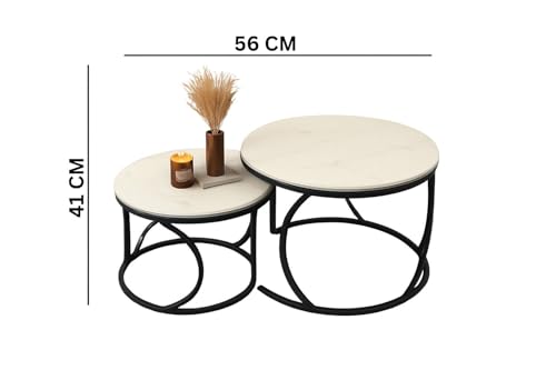 Image of CROWN ART SHOPPEE Round End Table Set of Two Coffee Tables with Engineered Wood Top and Metal Frame, Contemporary Accent Side Table for Office, Bedroom, or Living Room Black White
