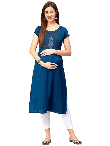 Image of CEE 18 Cotton Rayon Straight Maternity Feeding Kurti for Women with Zippers | Maternity Dress in Breathable Fabric for Pre and Post Pregnancy & Nursing for Mom (Small, Blue)