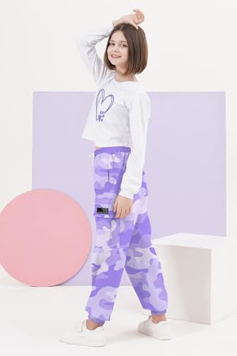 Image of SANGTREE Girls' Clothing Sets Crop Top & Cargo Jogger Pants 2 Piece Outfit, White+purple camouflage, 6-7Y = Tag 130