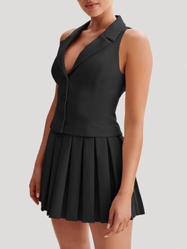 Cicy Bell Womens Summer 2 Piece Outfits V Neck Blazer Vest Matching Sets and Mini Pleated Skirts2